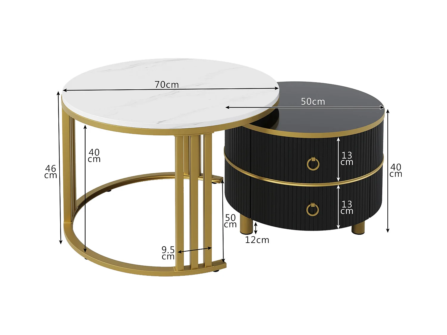 Tavolino da caffè impilabile in 2 pezzi, design moderno, MDF, oro e nero, con cassetti portaoggetti (70x70x46 + 50x50x40 cm)