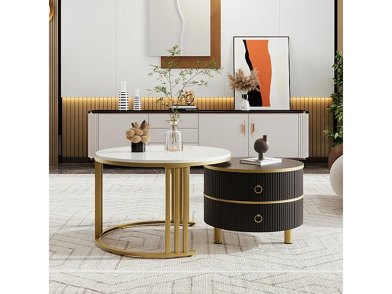 Table basse empilable 2 pièces, design moderne, MDF, or et noir, avec tiroirs de rangement (70x70x46 + 50x50x40 cm)