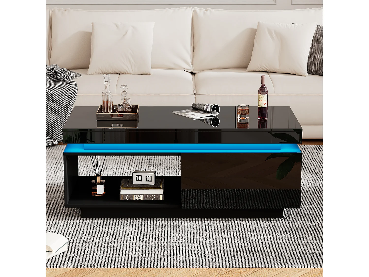 Mesa de centro moderna con iluminación LED, 1 cajón, alto brillo, color negro (100x50x40,3 cm)