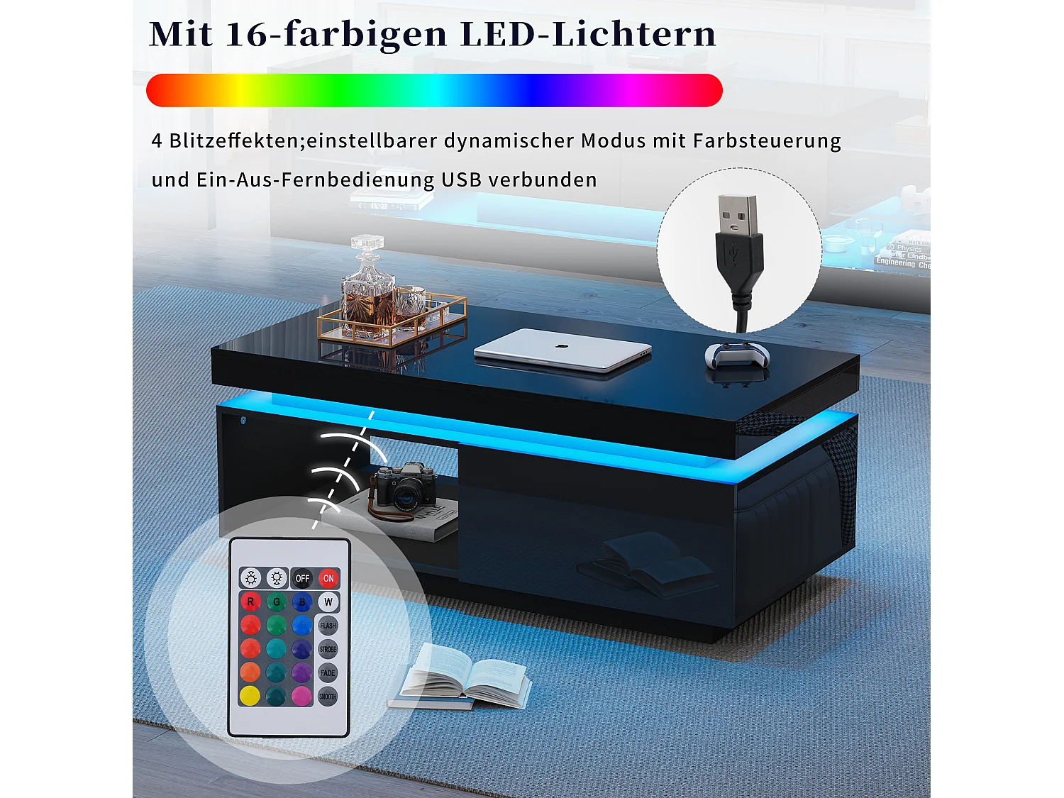 Mesa de centro moderna con iluminación LED, 1 cajón, alto brillo, color negro (100x50x40,3 cm)