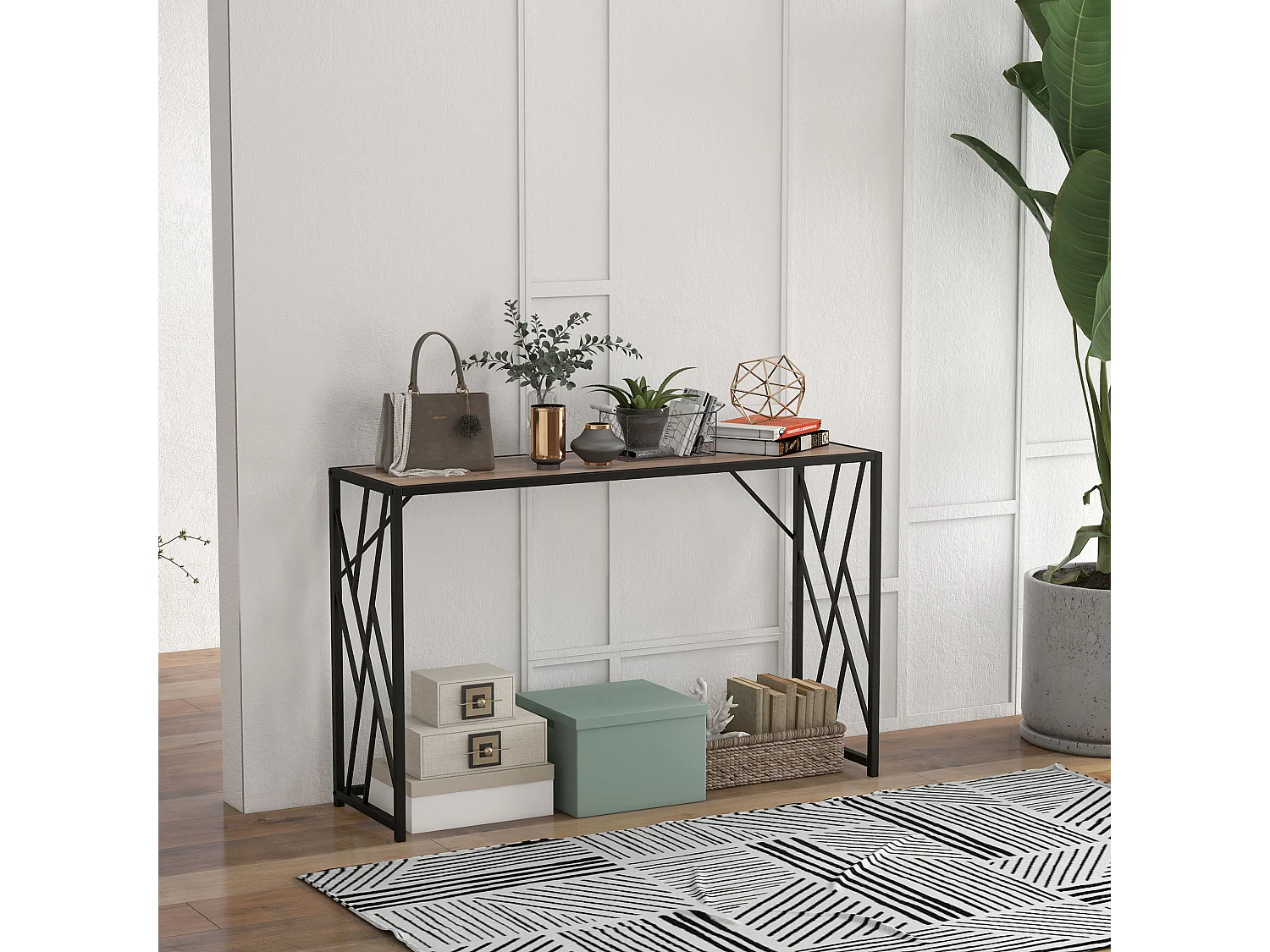 Table Console Industrielle, Design en Métal et Bois, 120 x 35 x 75 cm, Noir et Marron