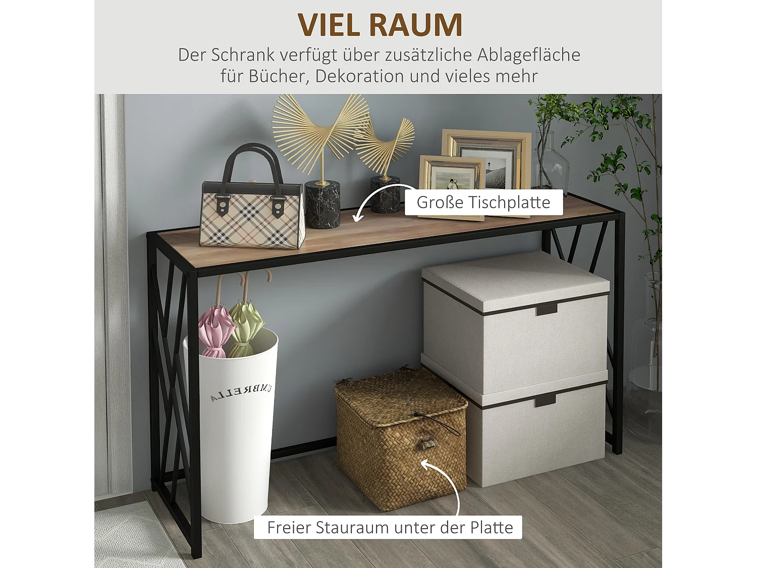 Table Console Industrielle, Design en Métal et Bois, 120 x 35 x 75 cm, Noir et Marron