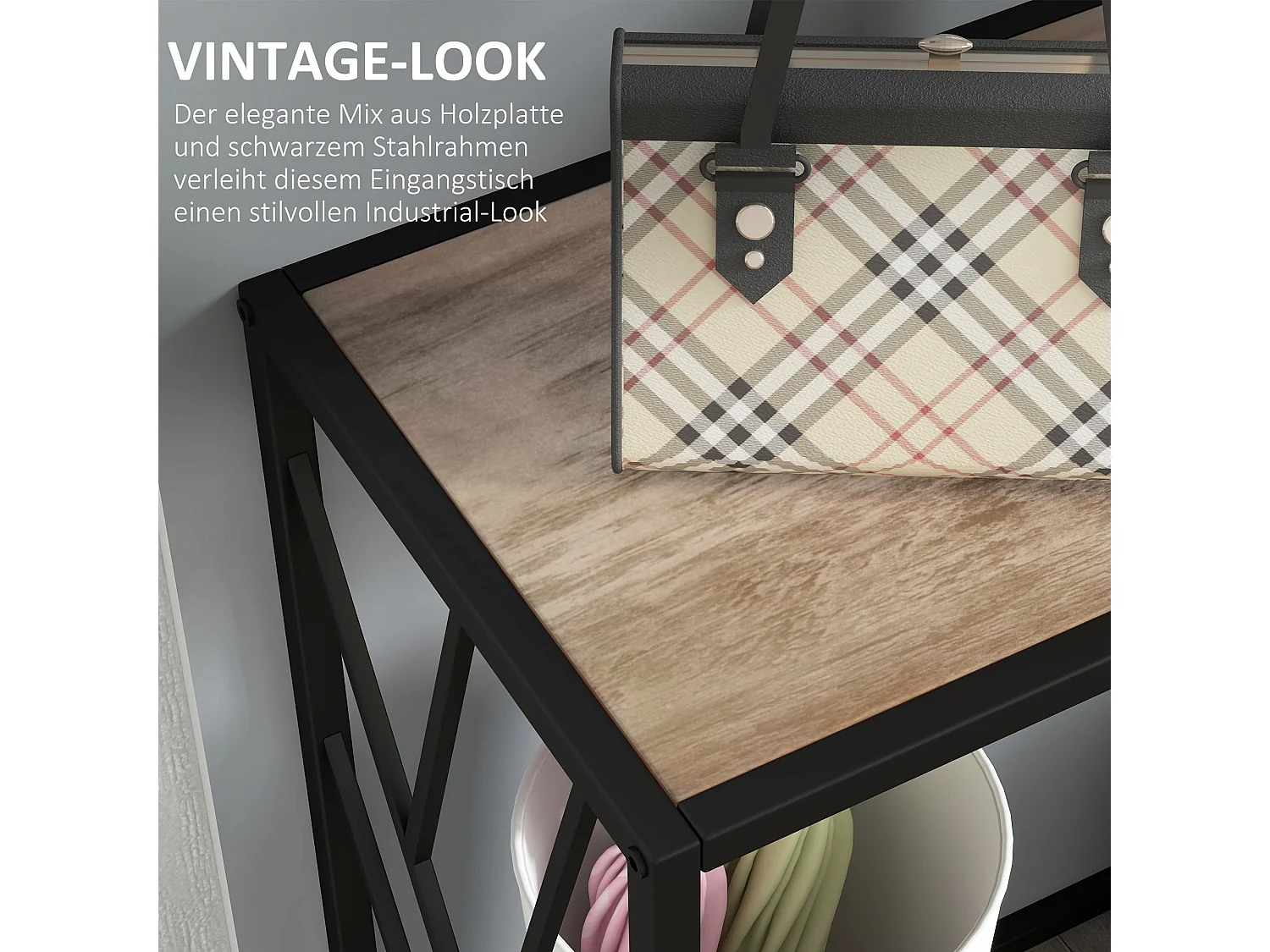 Table Console Industrielle, Design en Métal et Bois, 120 x 35 x 75 cm, Noir et Marron