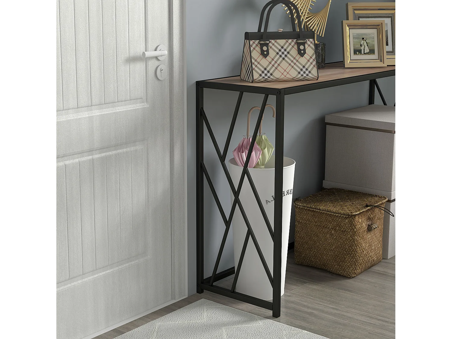 Table Console Industrielle, Design en Métal et Bois, 120 x 35 x 75 cm, Noir et Marron