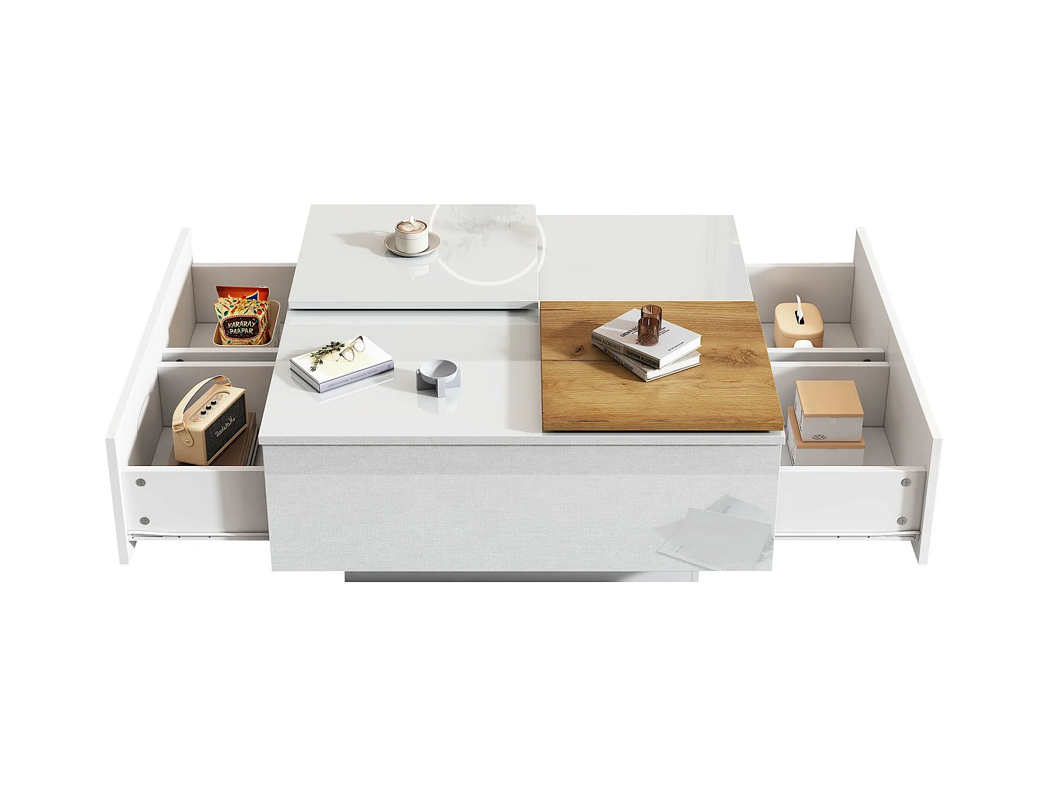 Table basse moderne en bois laqué blanc avec plateau mobile, MDF, (75x75x33.5 cm)
