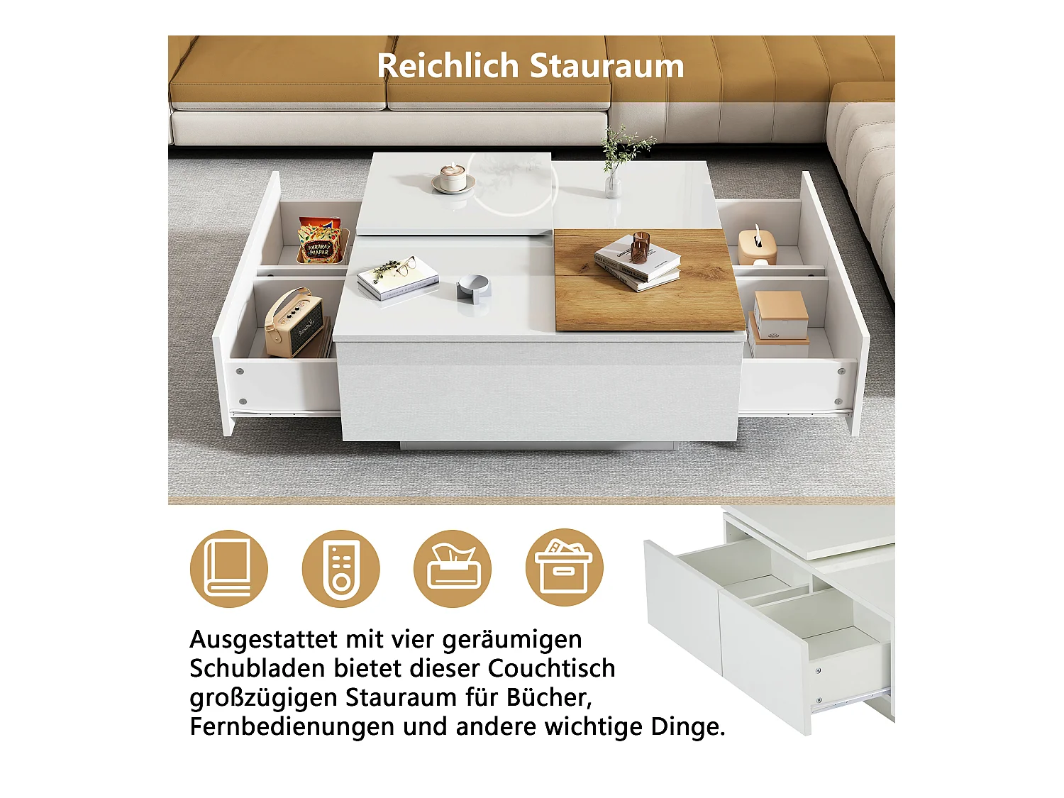 Table basse moderne en bois laqué blanc avec plateau mobile, MDF, (75x75x33.5 cm)