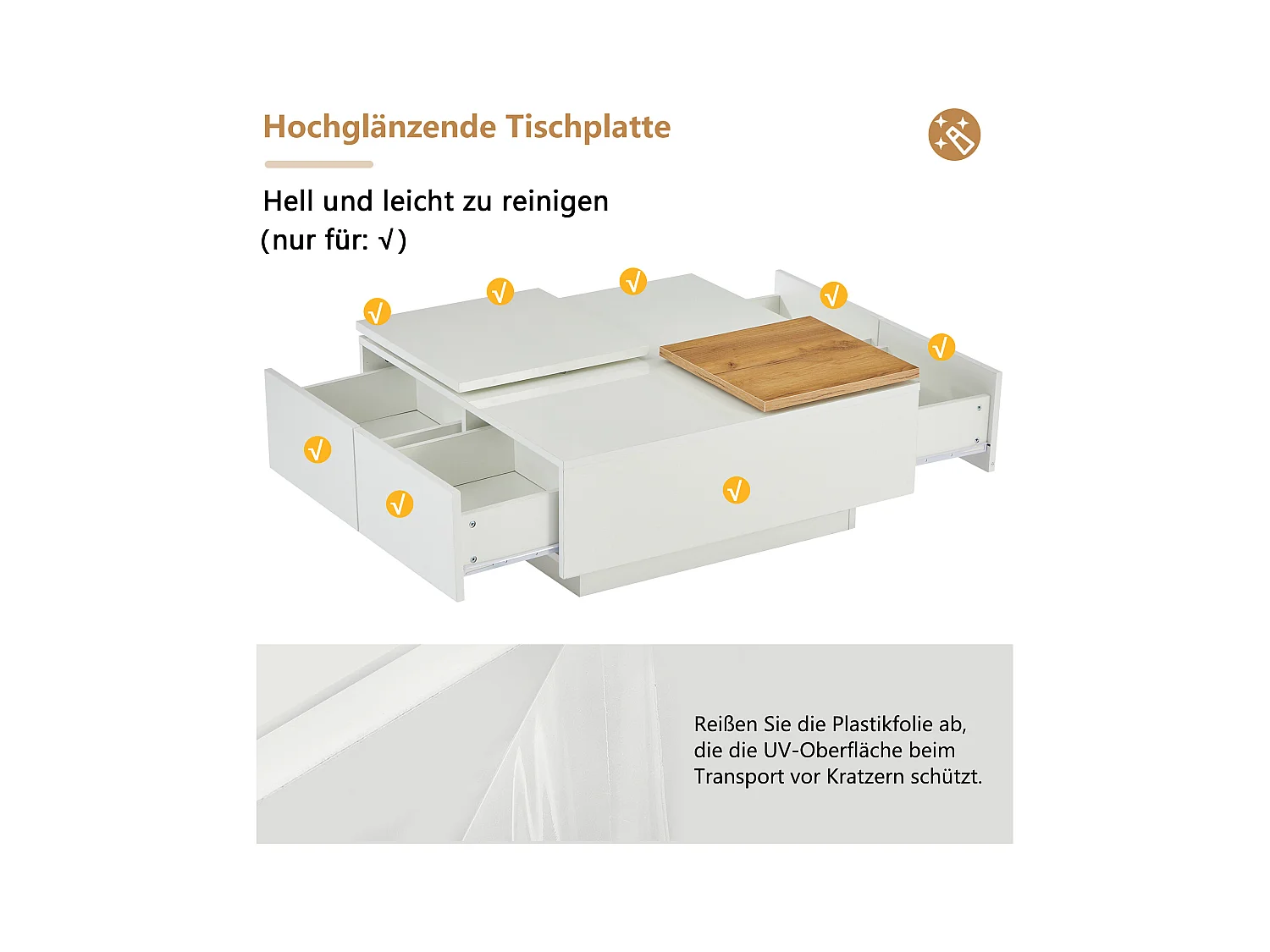 Table basse moderne en bois laqué blanc avec plateau mobile, MDF, (75x75x33.5 cm)