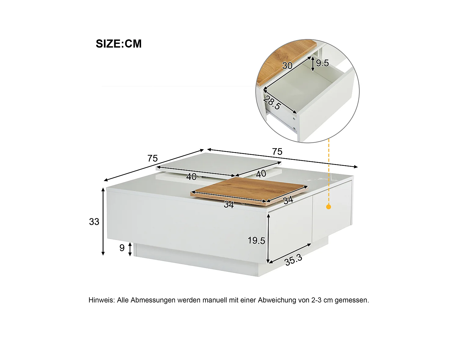 Table basse moderne en bois laqué blanc avec plateau mobile, MDF, (75x75x33.5 cm)