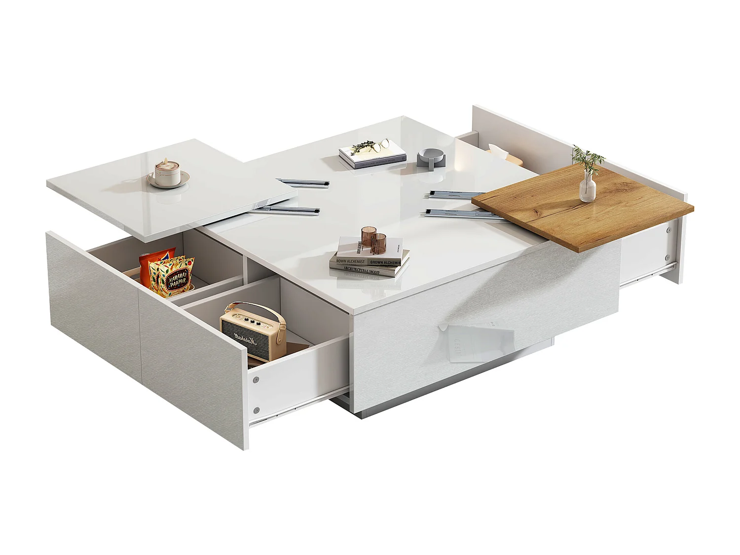 Moderne salontafel in wit gelakt hout met verplaatsbaar blad, MDF, (75x75x33,5 cm)