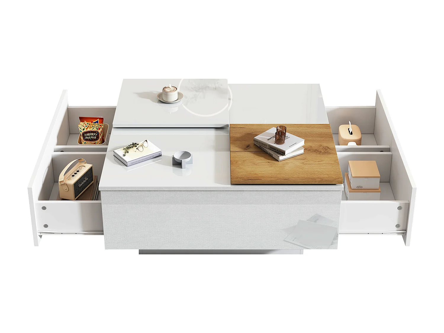 Moderne salontafel in wit gelakt hout met verplaatsbaar blad, MDF, (75x75x33,5 cm)