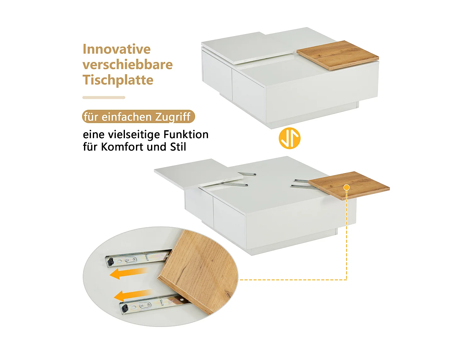 Moderne salontafel in wit gelakt hout met verplaatsbaar blad, MDF, (75x75x33,5 cm)