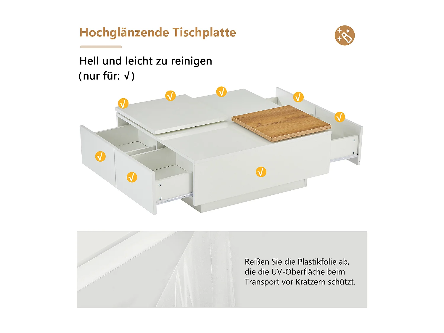 Moderne salontafel in wit gelakt hout met verplaatsbaar blad, MDF, (75x75x33,5 cm)