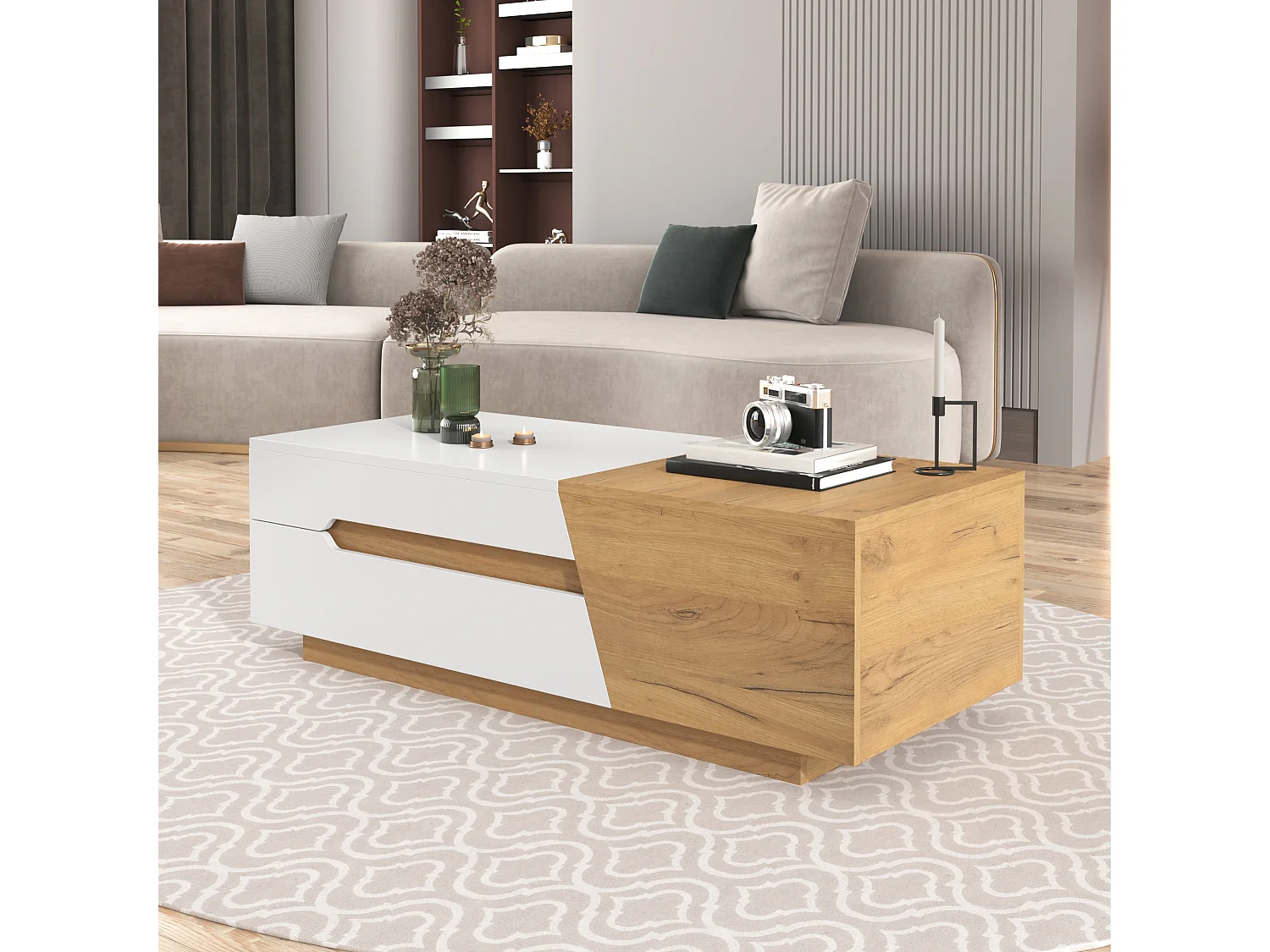 Uitschuifbare salontafel met lades, modern design in MDF, tweekleurige structuur in wit en natuurlijk hout (120x50x37,5 cm)