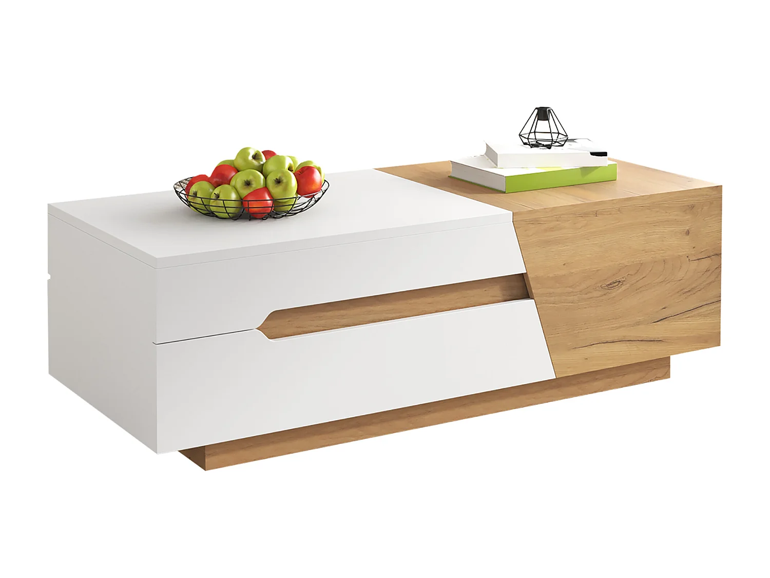 Uitschuifbare salontafel met lades, modern design in MDF, tweekleurige structuur in wit en natuurlijk hout (120x50x37,5 cm)