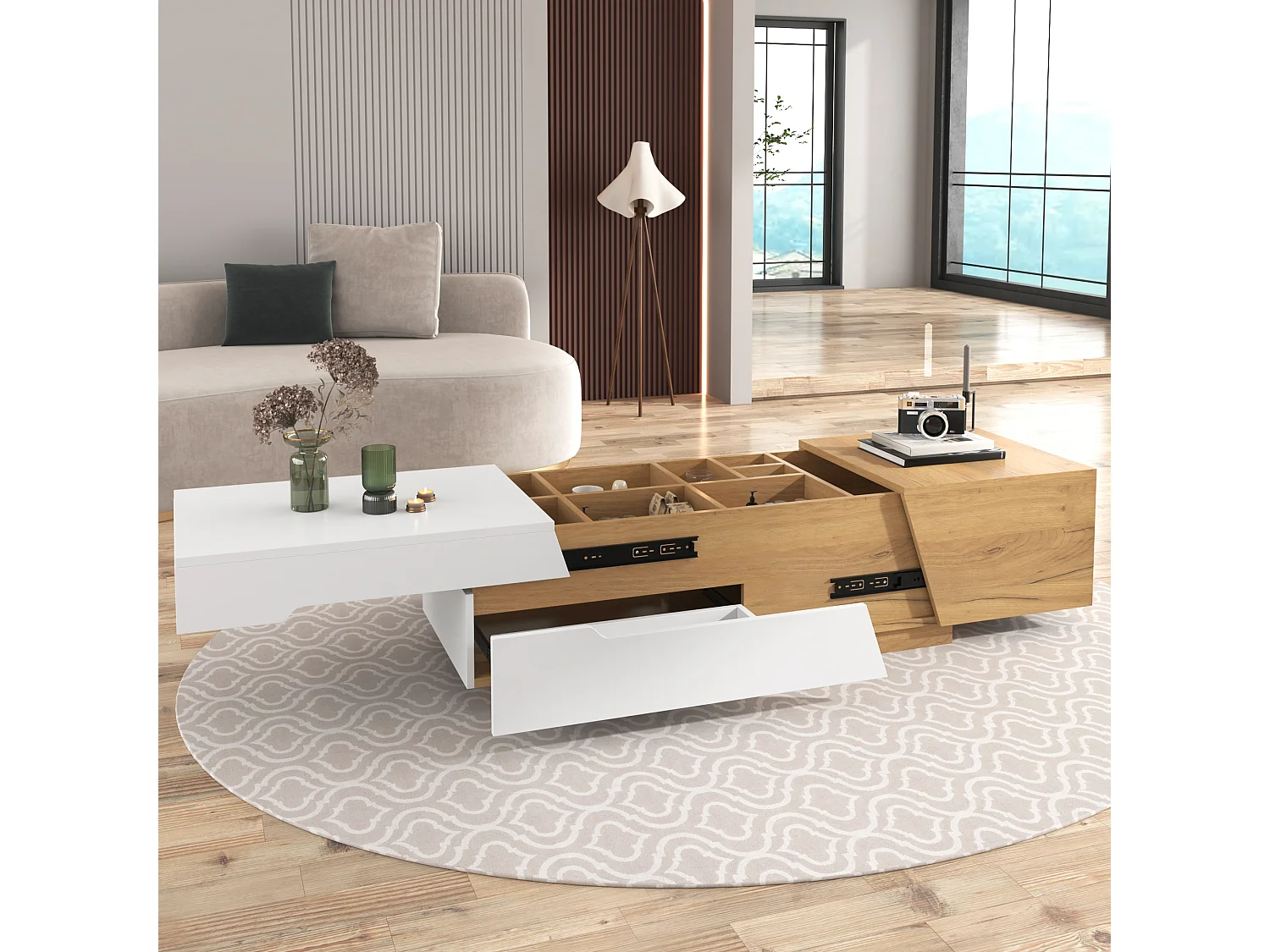 Uitschuifbare salontafel met lades, modern design in MDF, tweekleurige structuur in wit en natuurlijk hout (120x50x37,5 cm)