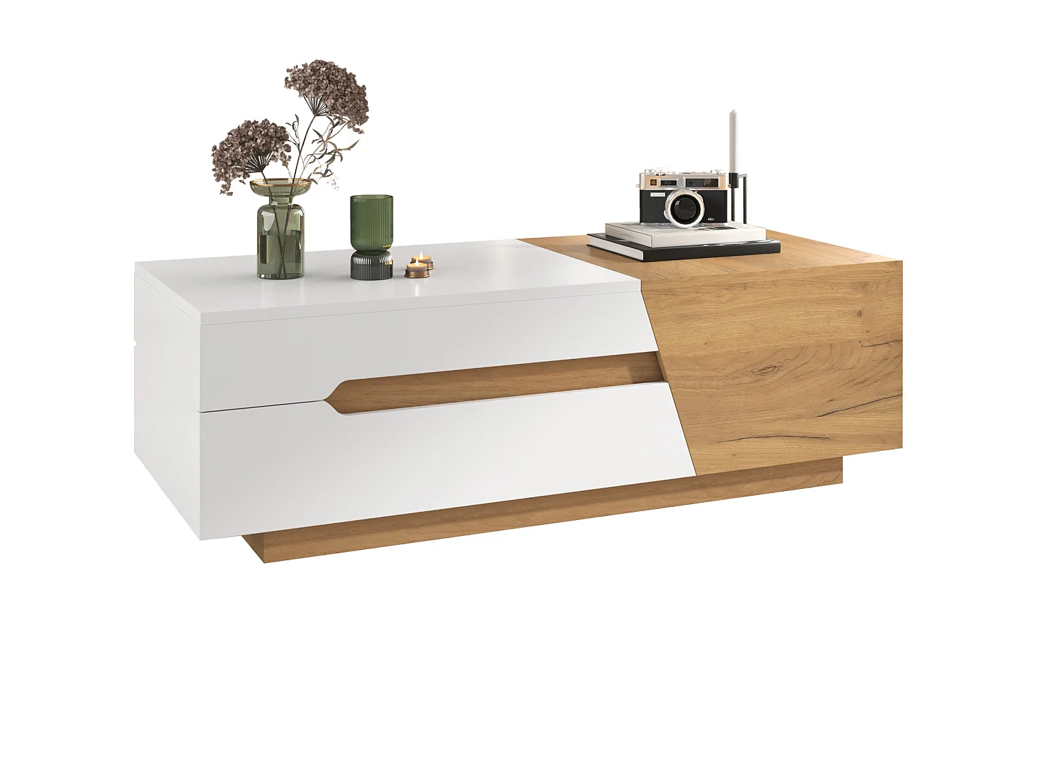 Uitschuifbare salontafel met lades, modern design in MDF, tweekleurige structuur in wit en natuurlijk hout (120x50x37,5 cm)