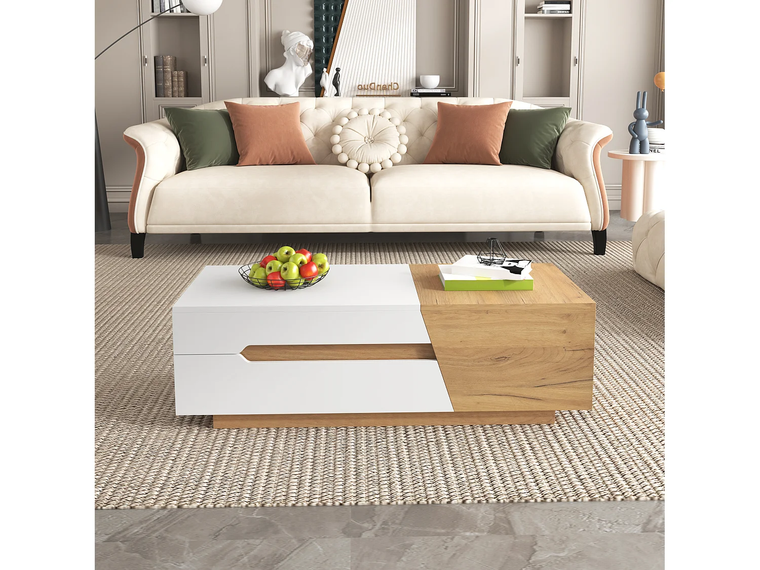 Uitschuifbare salontafel met lades, modern design in MDF, tweekleurige structuur in wit en natuurlijk hout (120x50x37,5 cm)