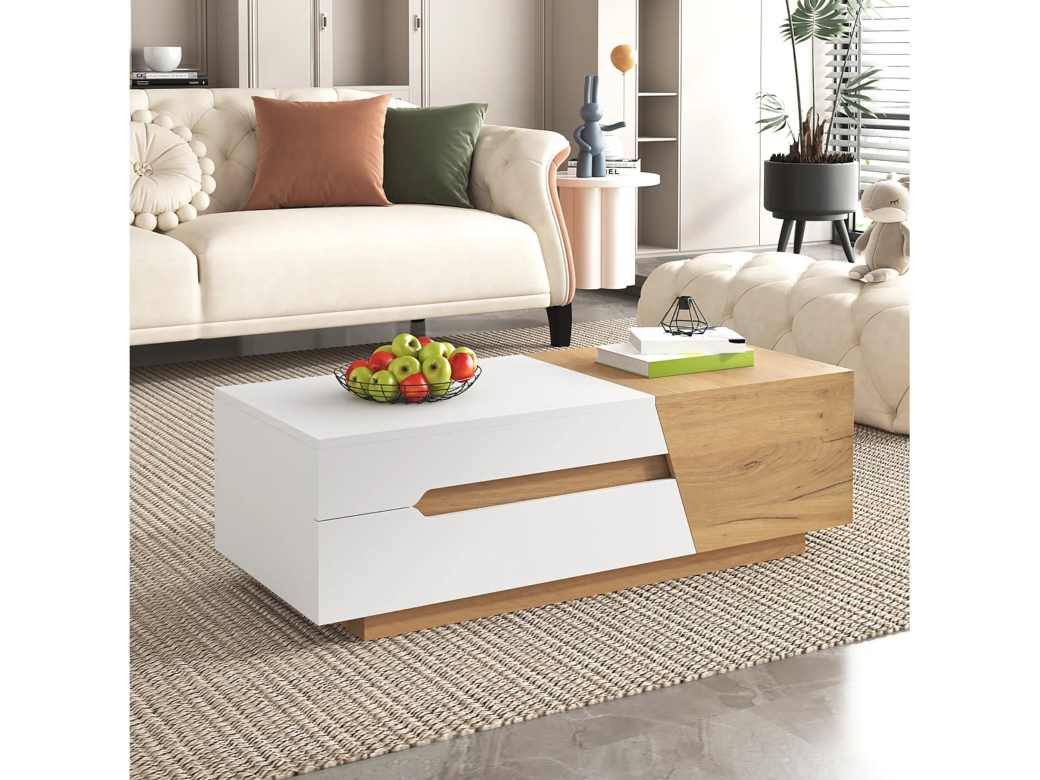 Uitschuifbare salontafel met lades, modern design in MDF, tweekleurige structuur in wit en natuurlijk hout (120x50x37,5 cm)