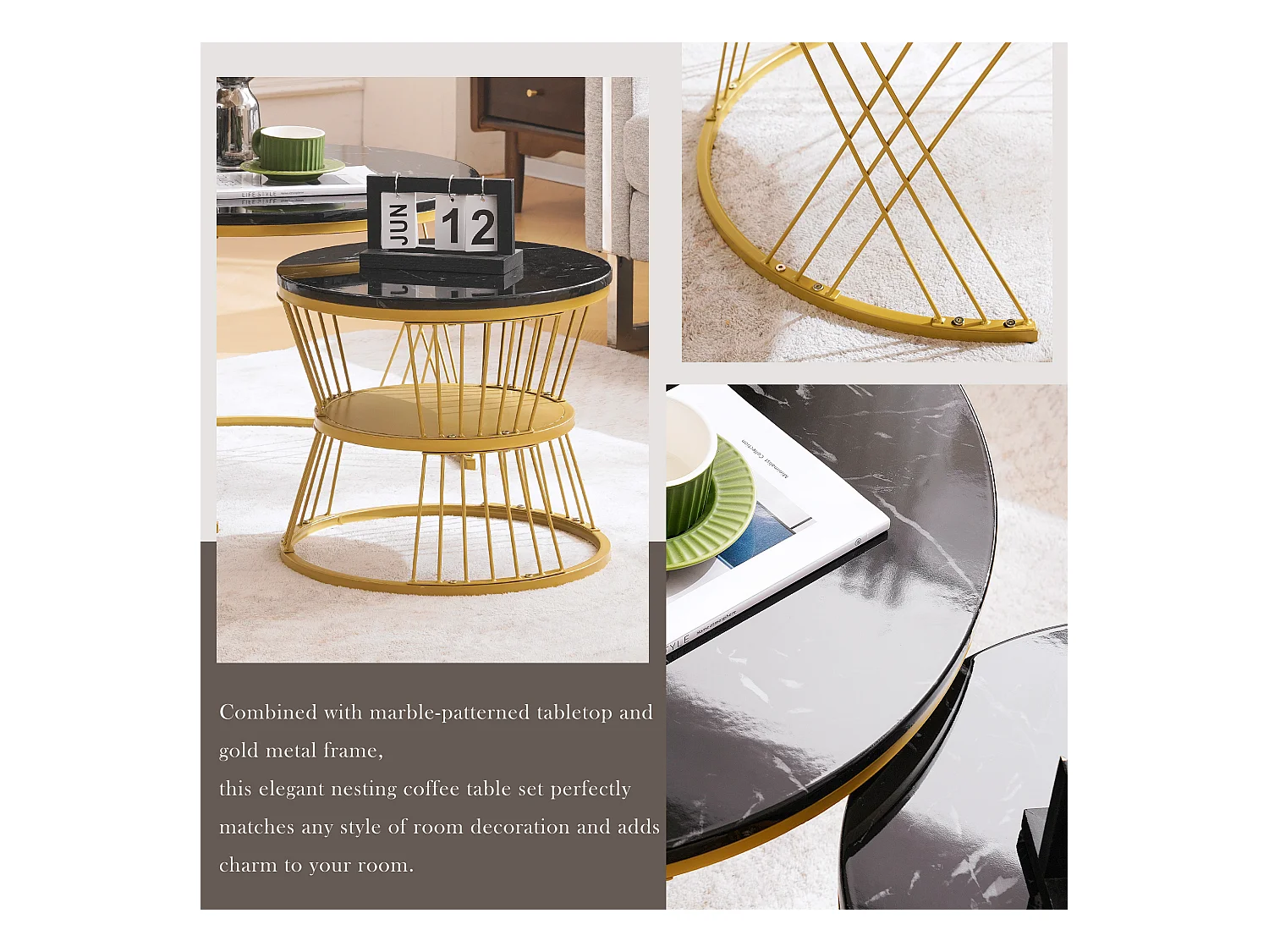 Moderne salontafel met glanzende lak, MDF en metaal, zwart en goud (70x70x47cm)