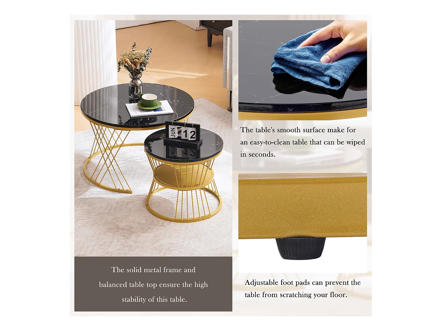 Moderne salontafel met glanzende lak, MDF en metaal, zwart en goud (70x70x47cm)