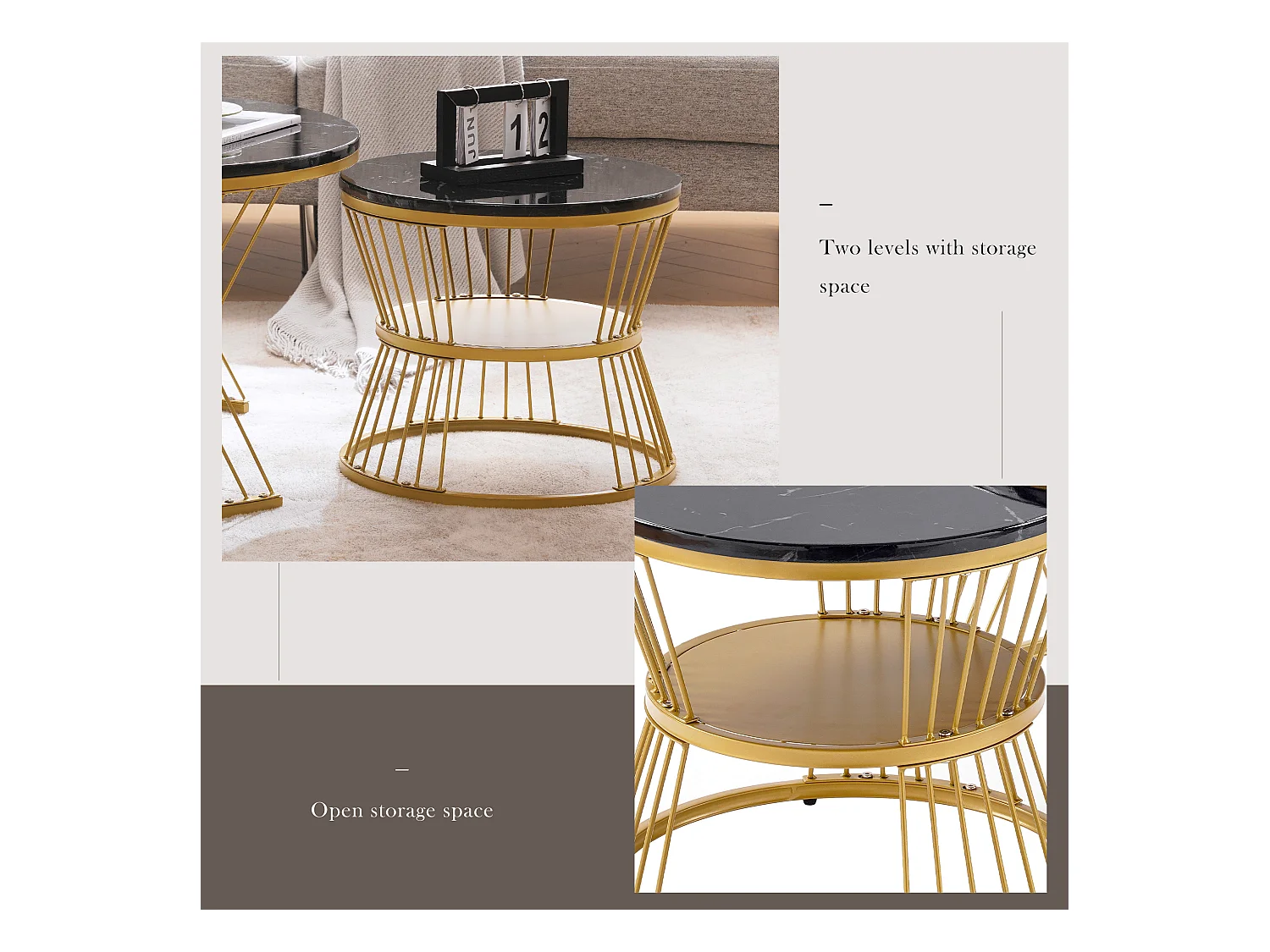 Moderne salontafel met glanzende lak, MDF en metaal, zwart en goud (70x70x47cm)