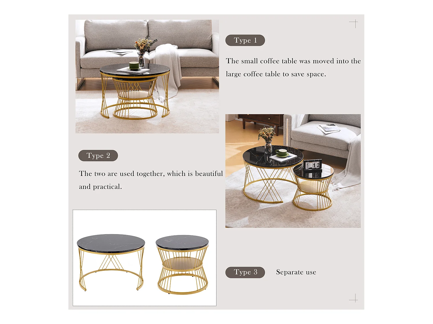 Moderne salontafel met glanzende lak, MDF en metaal, zwart en goud (70x70x47cm)