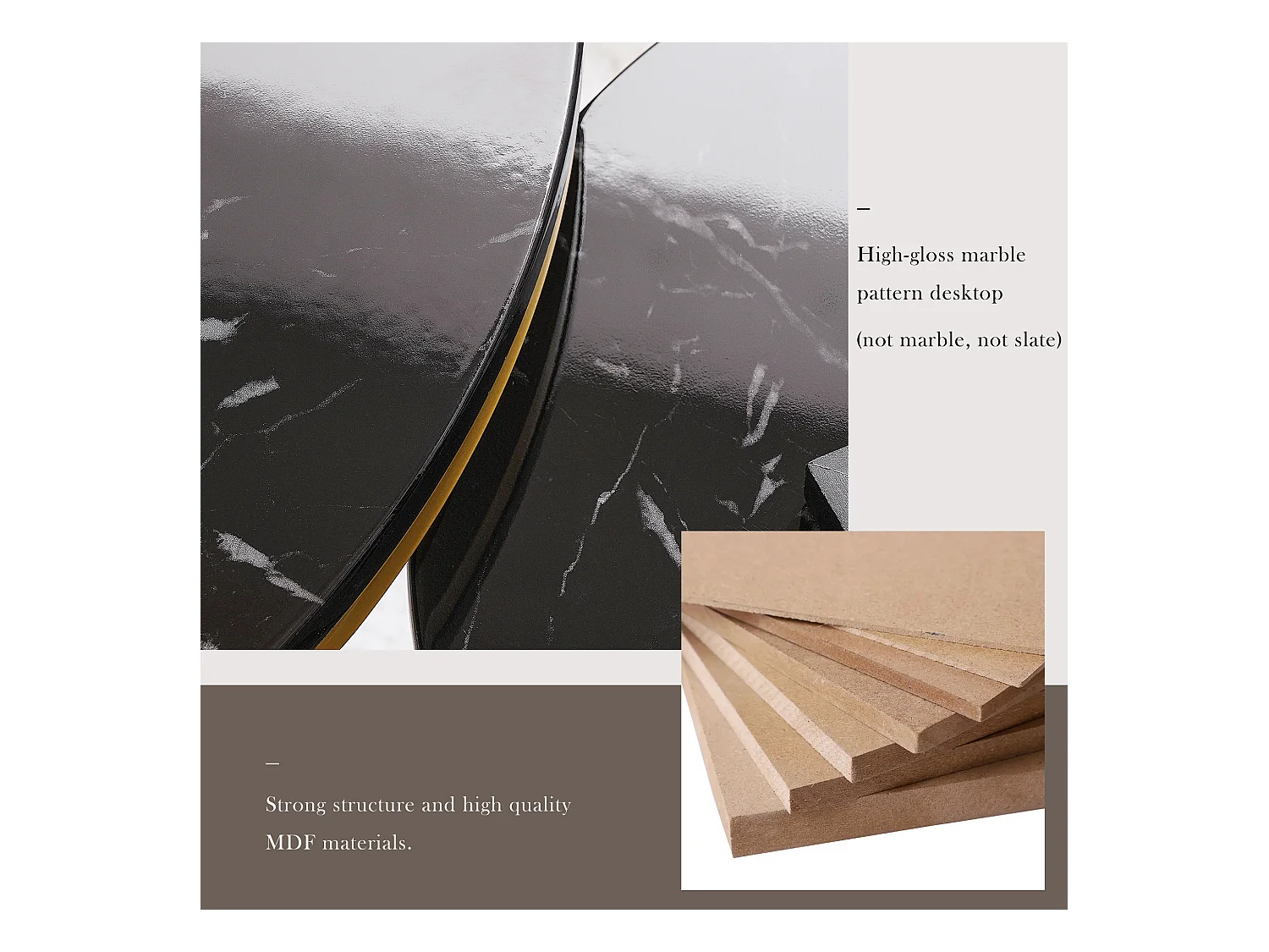 Moderne salontafel met glanzende lak, MDF en metaal, zwart en goud (70x70x47cm)