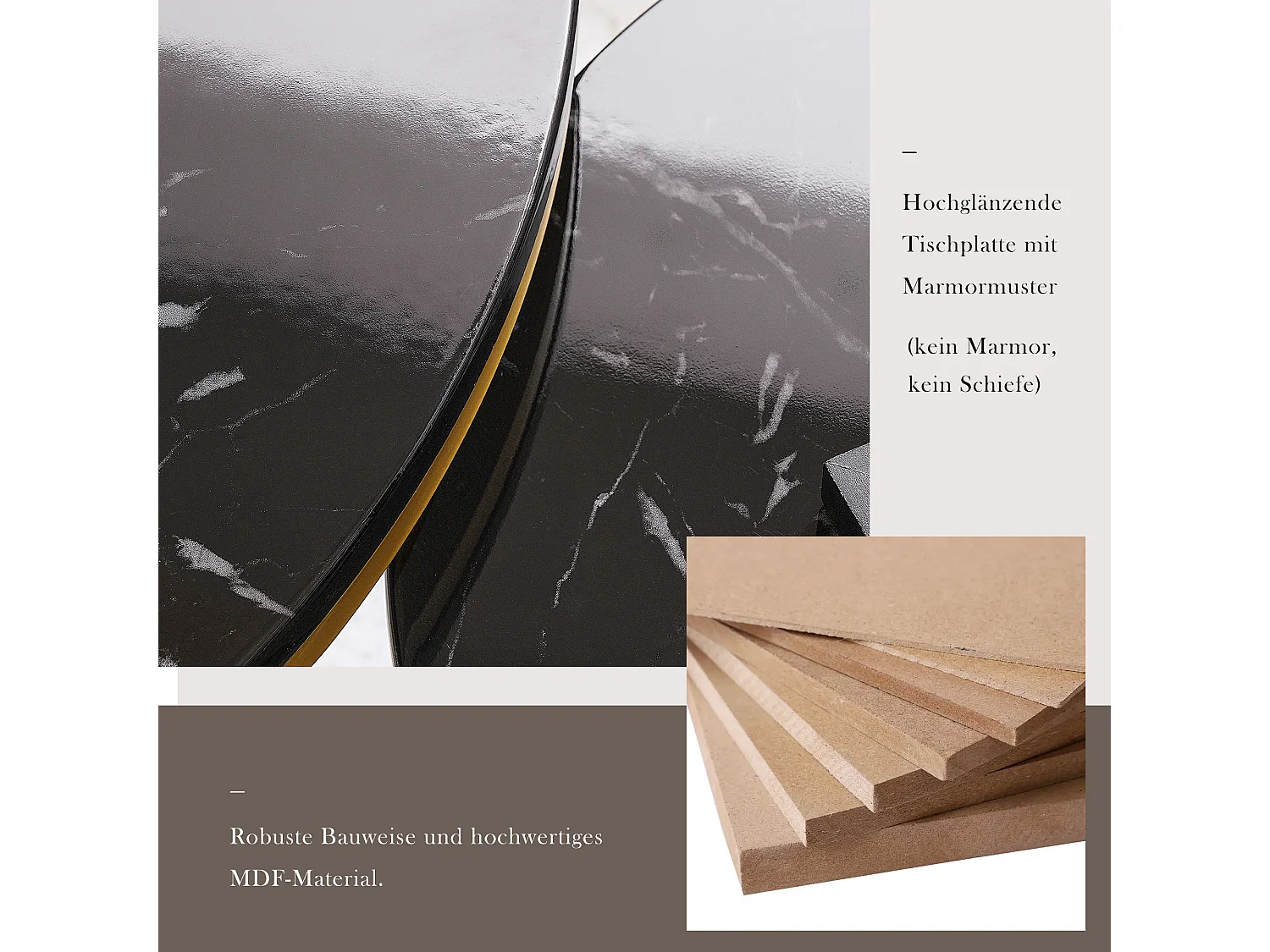 Table basse nesting moderne, finition laquée brillante, MDF et métal, noir et or (70x70x47cm)