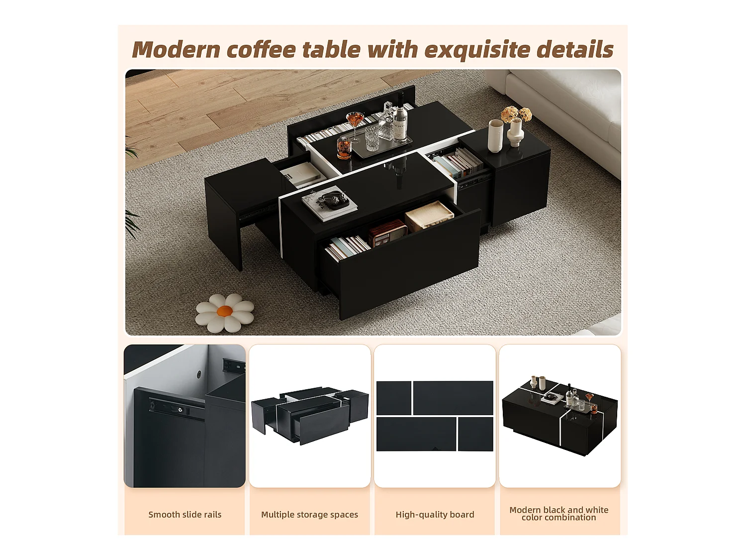 Table basse moderne en patchwork, design hautement brillant, MDF, noir et blanc, (100x60x40 cm)