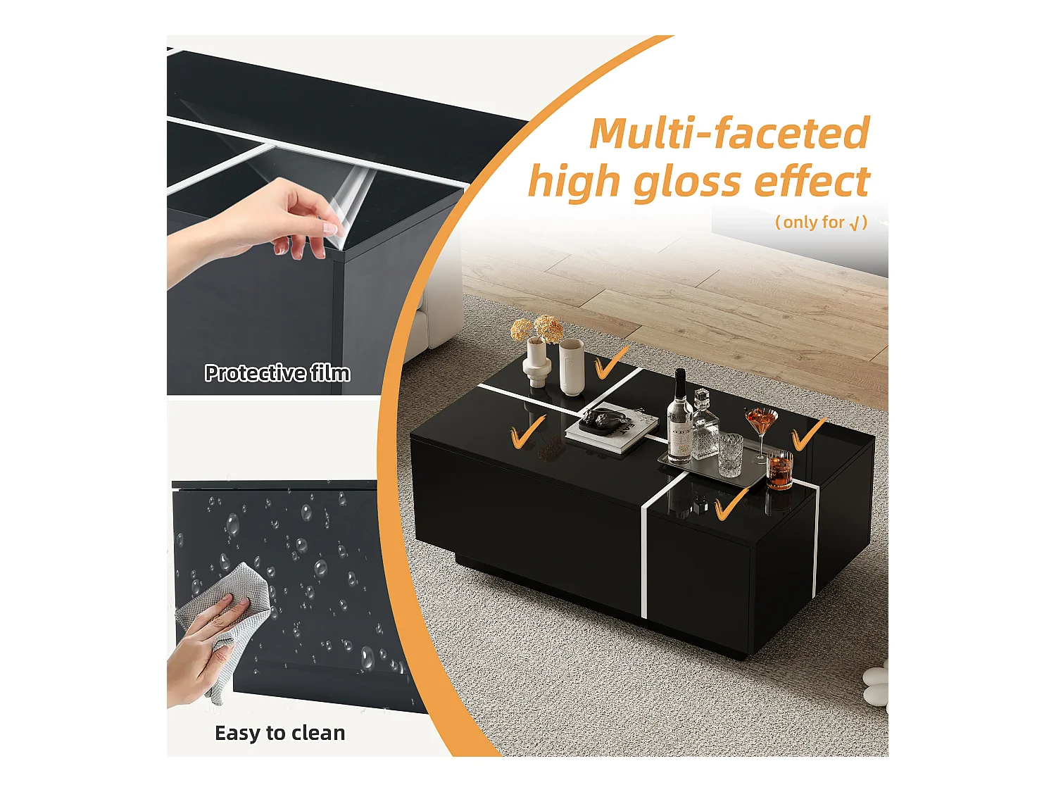 Table basse moderne en patchwork, design hautement brillant, MDF, noir et blanc, (100x60x40 cm)