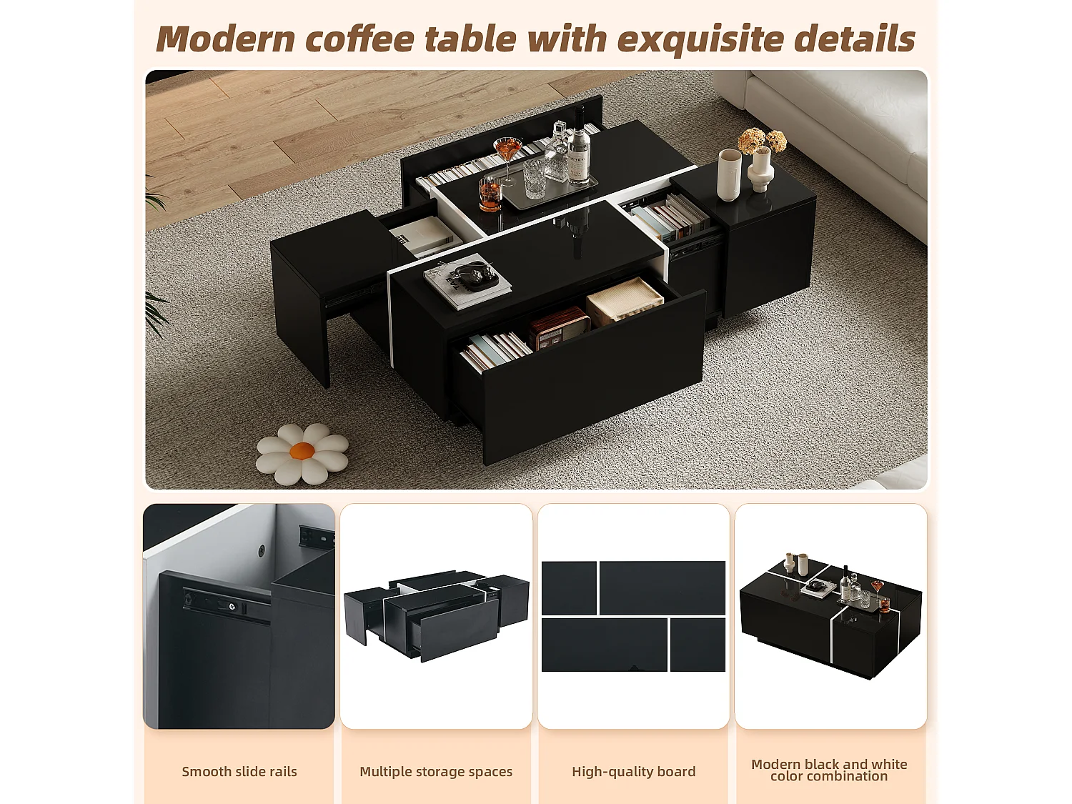 Table basse moderne en patchwork, design hautement brillant, MDF, noir et blanc, (100x60x40 cm)