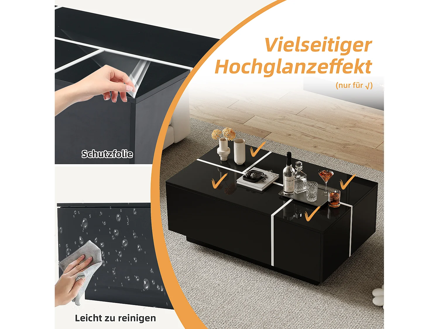 Table basse moderne en patchwork, design hautement brillant, MDF, noir et blanc, (100x60x40 cm)