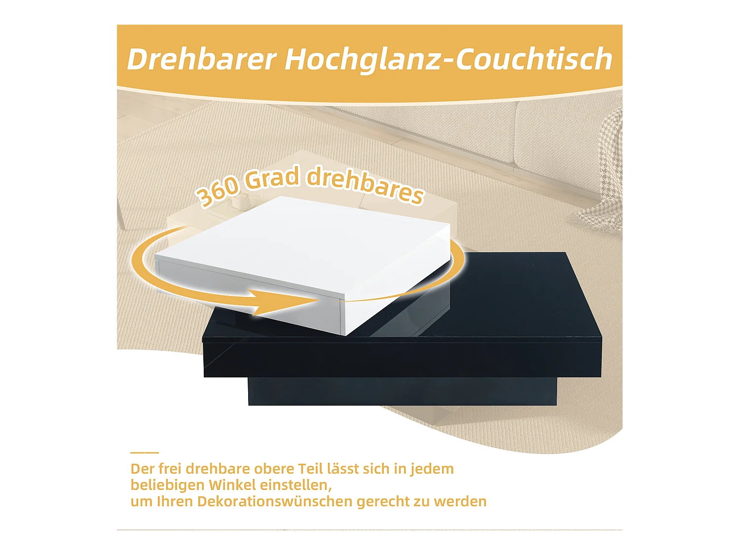 Table Basse Rotative 360° avec Surface Haute Brillance, Design Bicolore, en Panneaux de Particules, Blanc et Noir (103x60x35.5 cm)