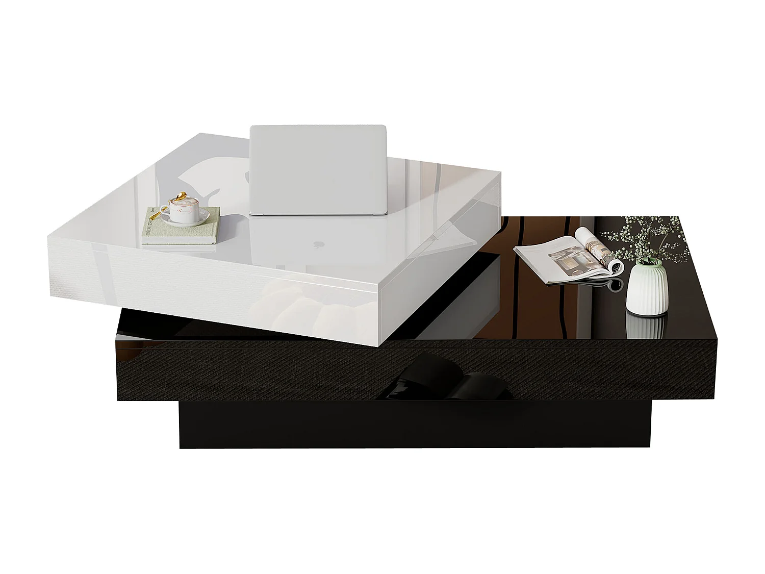 Table Basse Rotative 360° avec Surface Haute Brillance, Design Bicolore, en Panneaux de Particules, Blanc et Noir (103x60x35.5 cm)