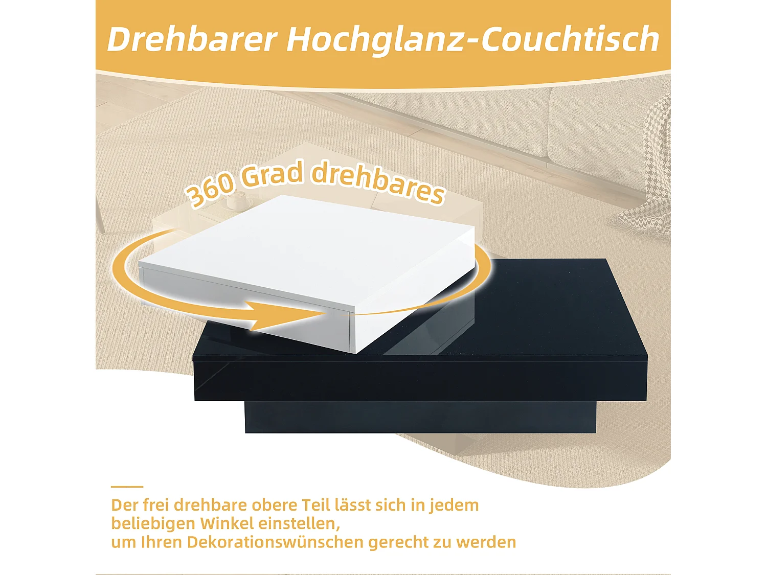 Table Basse Rotative 360° avec Surface Haute Brillance, Design Bicolore, en Panneaux de Particules, Blanc et Noir (103x60x35.5 cm)