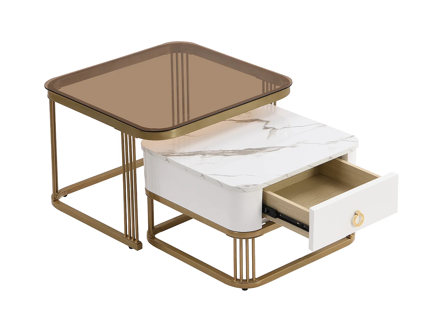 Tavolino da caffè impilabile in 2 pezzi, MDF, design moderno, con dettagli dorati, piano in vetro color tè e marmo (60x60x42,5 cm e 50x50x34 cm)