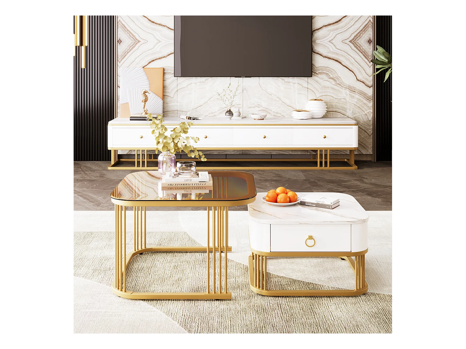Tavolino da caffè impilabile in 2 pezzi, MDF, design moderno, con dettagli dorati, piano in vetro color tè e marmo (60x60x42,5 cm e 50x50x34 cm)