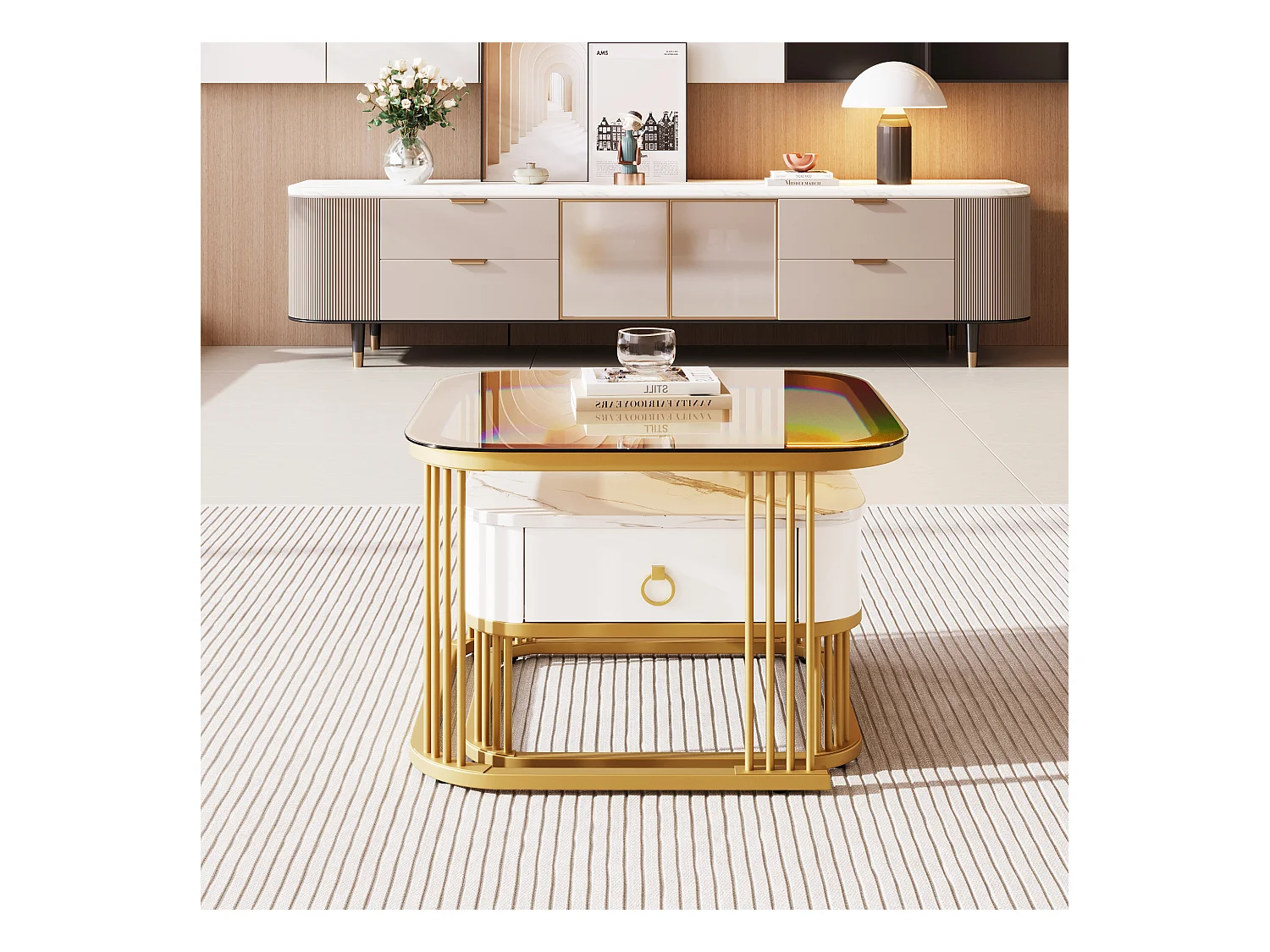 Tavolino da caffè impilabile in 2 pezzi, MDF, design moderno, con dettagli dorati, piano in vetro color tè e marmo (60x60x42,5 cm e 50x50x34 cm)