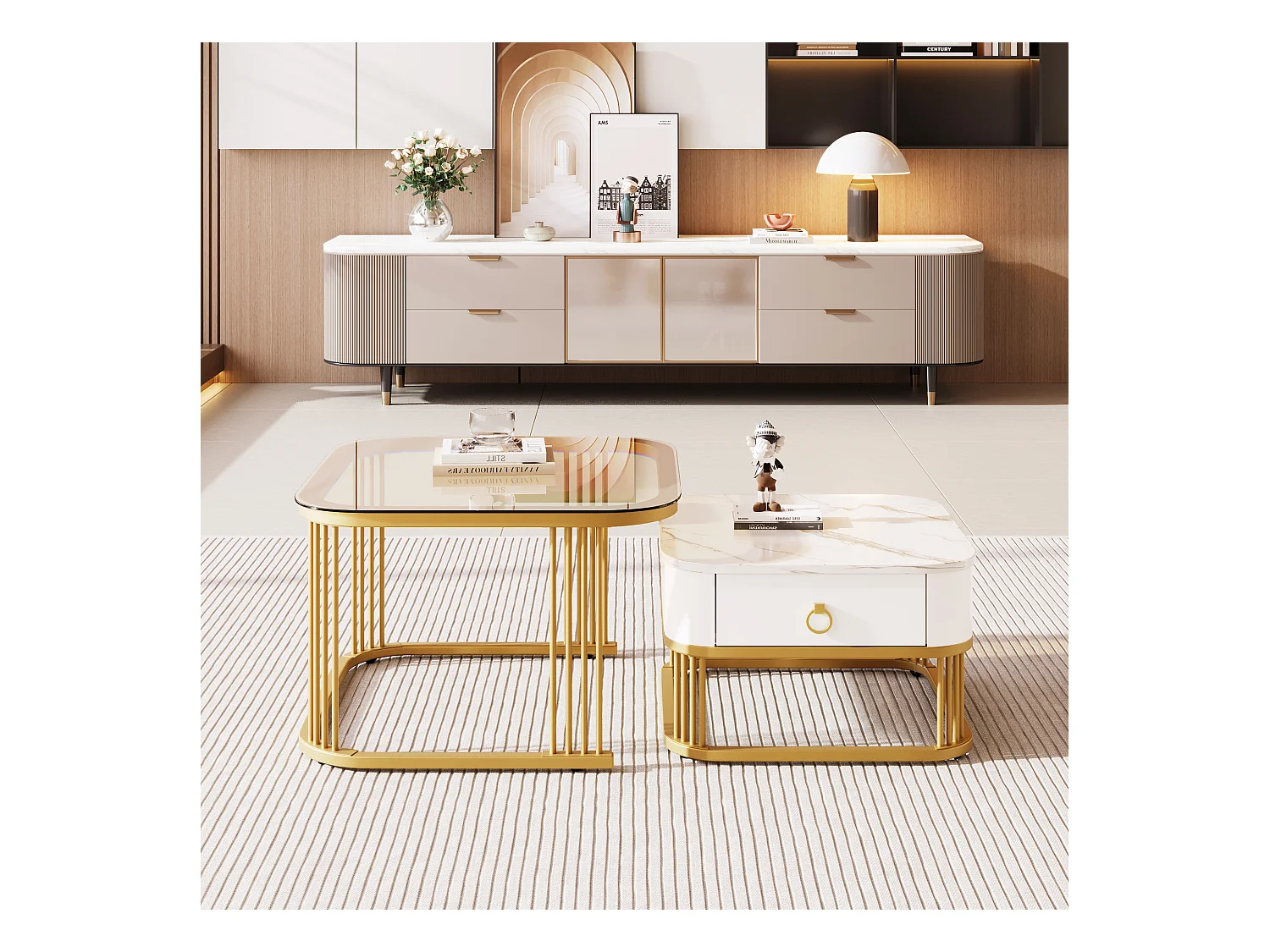 Tavolino da caffè impilabile in 2 pezzi, MDF, design moderno, con dettagli dorati, piano in vetro color tè e marmo (60x60x42,5 cm e 50x50x34 cm)
