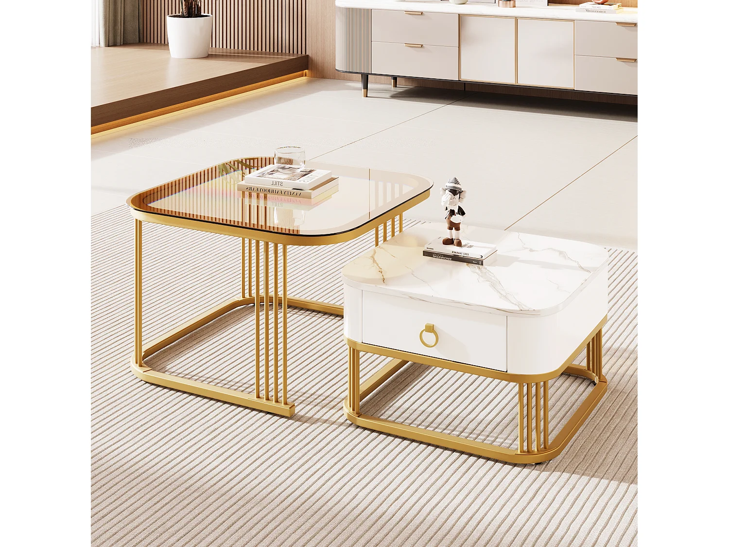 Table basse empilable 2 pièces, MDF, design moderne, avec accents dorés, verre marron thé et plateaux en marbre (60x60x42.5 cm et 50x50x34 cm)