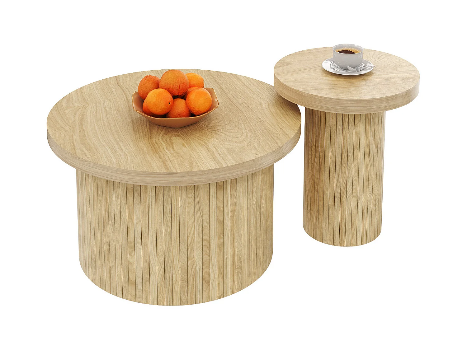 Ronde dubbele salontafel met latten van natuurlijk hout, multifunctioneel design, MDF, houtkleur (66x66x40 cm + 40x40x46 cm)