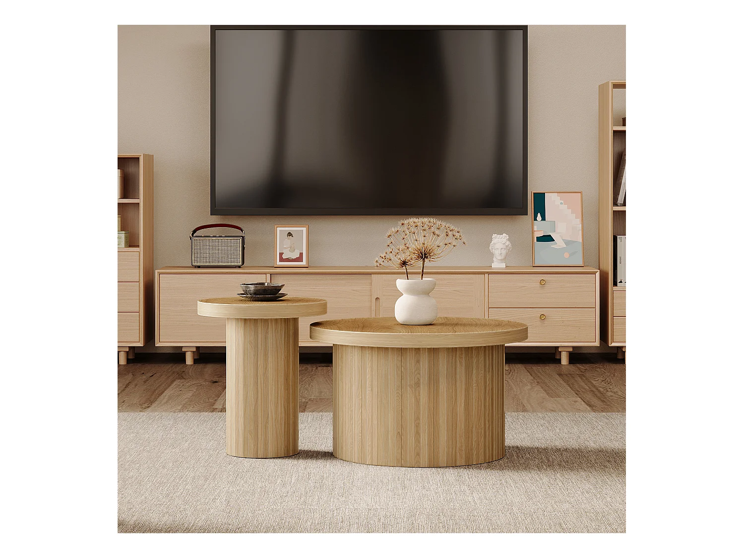 Ronde dubbele salontafel met latten van natuurlijk hout, multifunctioneel design, MDF, houtkleur (66x66x40 cm + 40x40x46 cm)