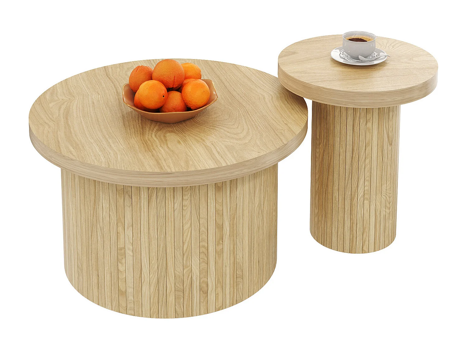 Table basse double ronde avec lattes en bois naturel, design multifonctionnel, MDF, couleur bois (66x66x40 cm + 40x40x46 cm)