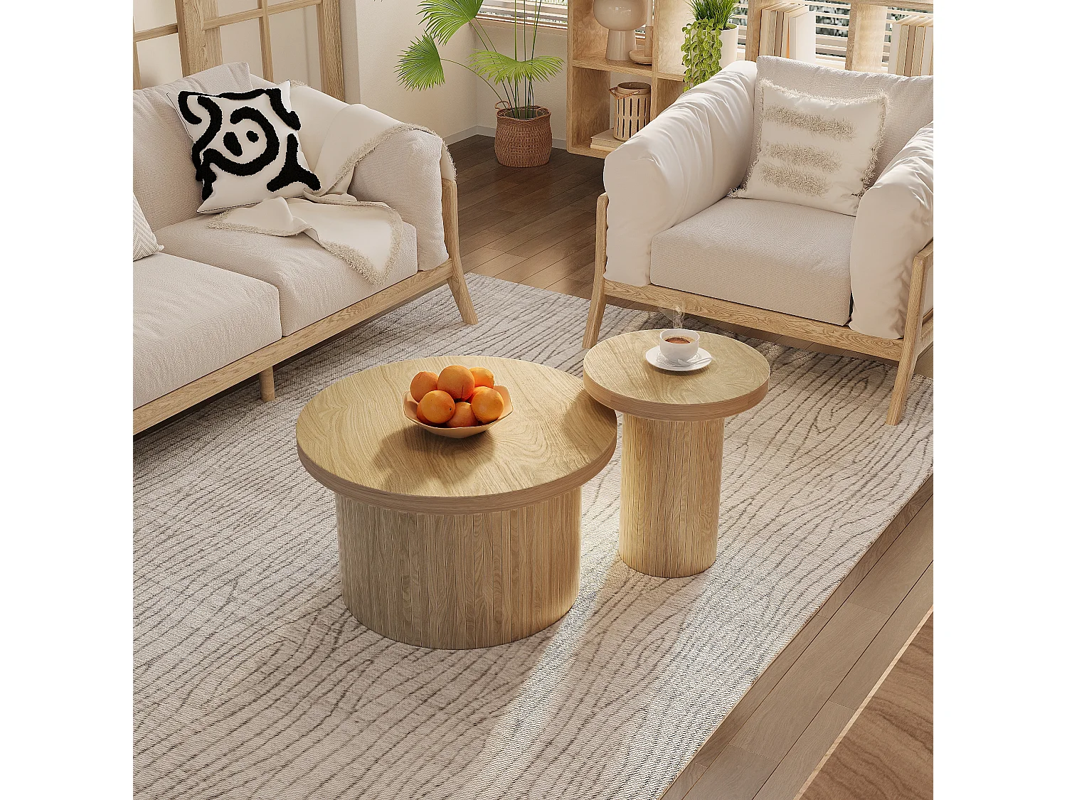 Table basse double ronde avec lattes en bois naturel, design multifonctionnel, MDF, couleur bois (66x66x40 cm + 40x40x46 cm)