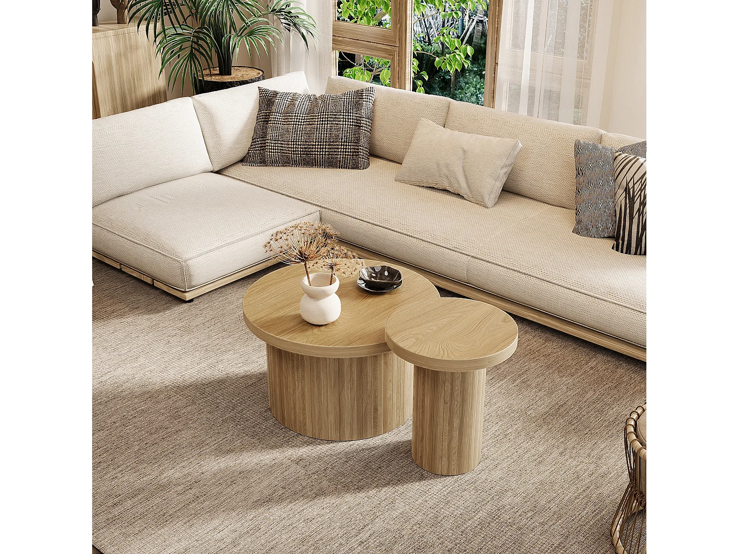 Table basse double ronde avec lattes en bois naturel, design multifonctionnel, MDF, couleur bois (66x66x40 cm + 40x40x46 cm)