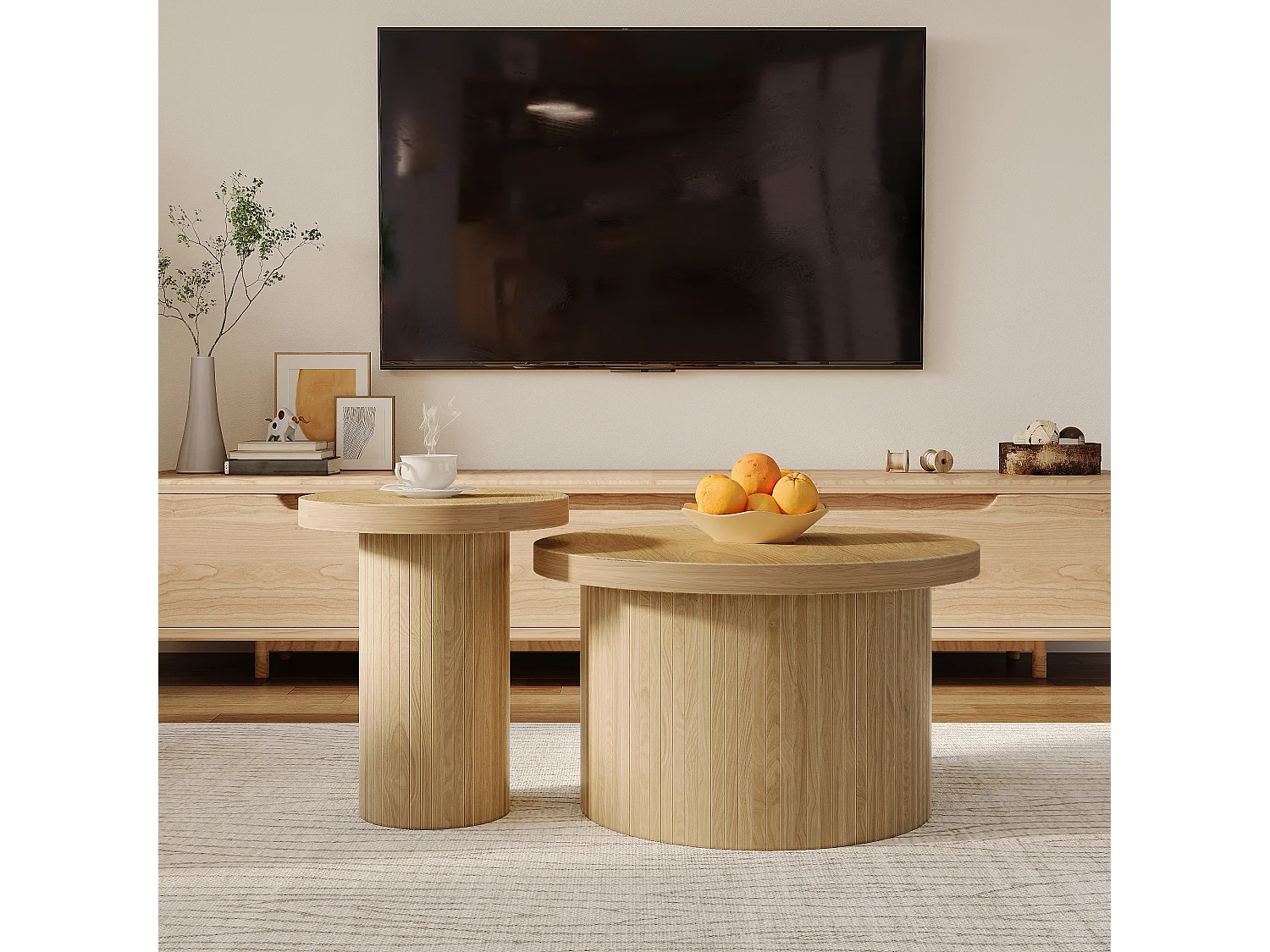 Table basse double ronde avec lattes en bois naturel, design multifonctionnel, MDF, couleur bois (66x66x40 cm + 40x40x46 cm)