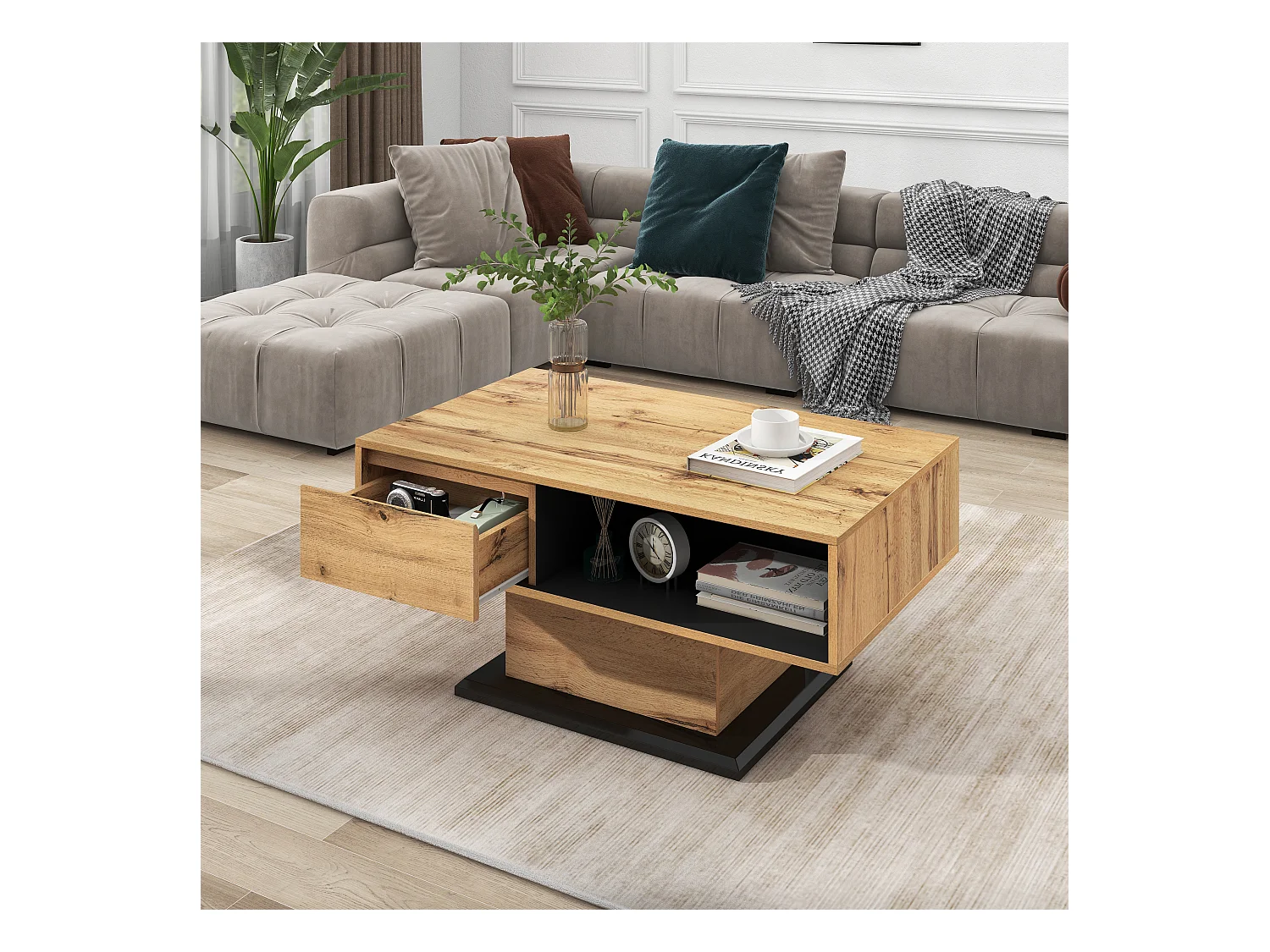 Table basse en bois veiné, avec tiroir sans poignée, compartiment de rangement et espace de stockage double face (100x60x47 cm)