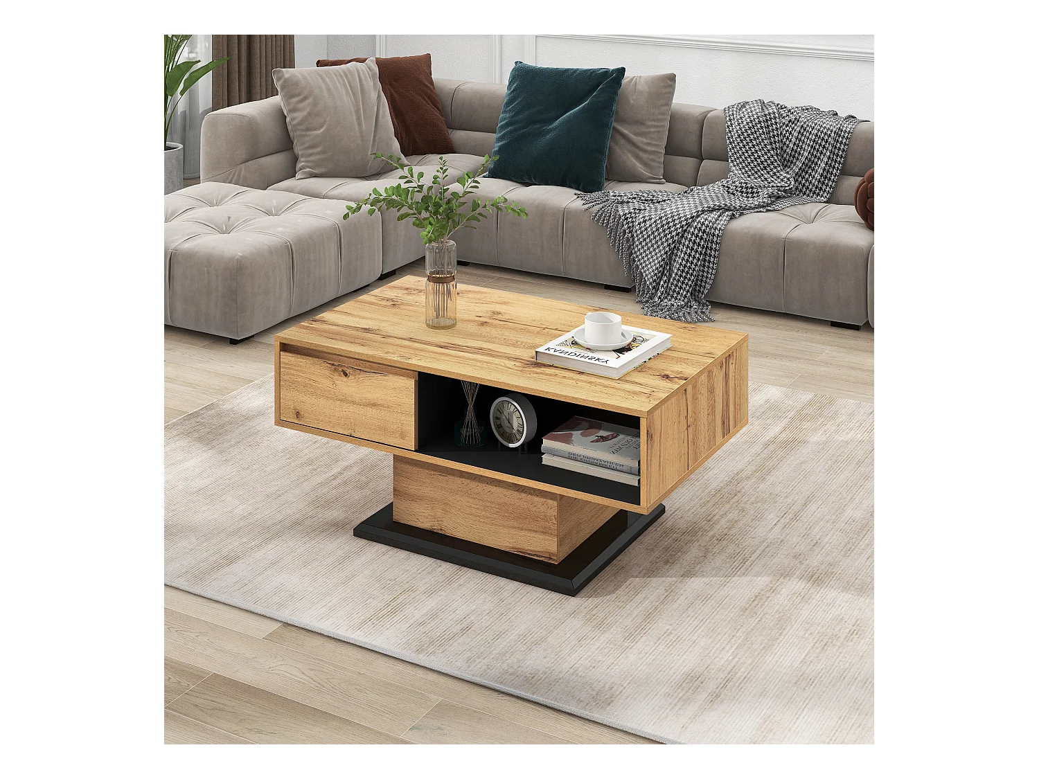 Table basse en bois veiné, avec tiroir sans poignée, compartiment de rangement et espace de stockage double face (100x60x47 cm)