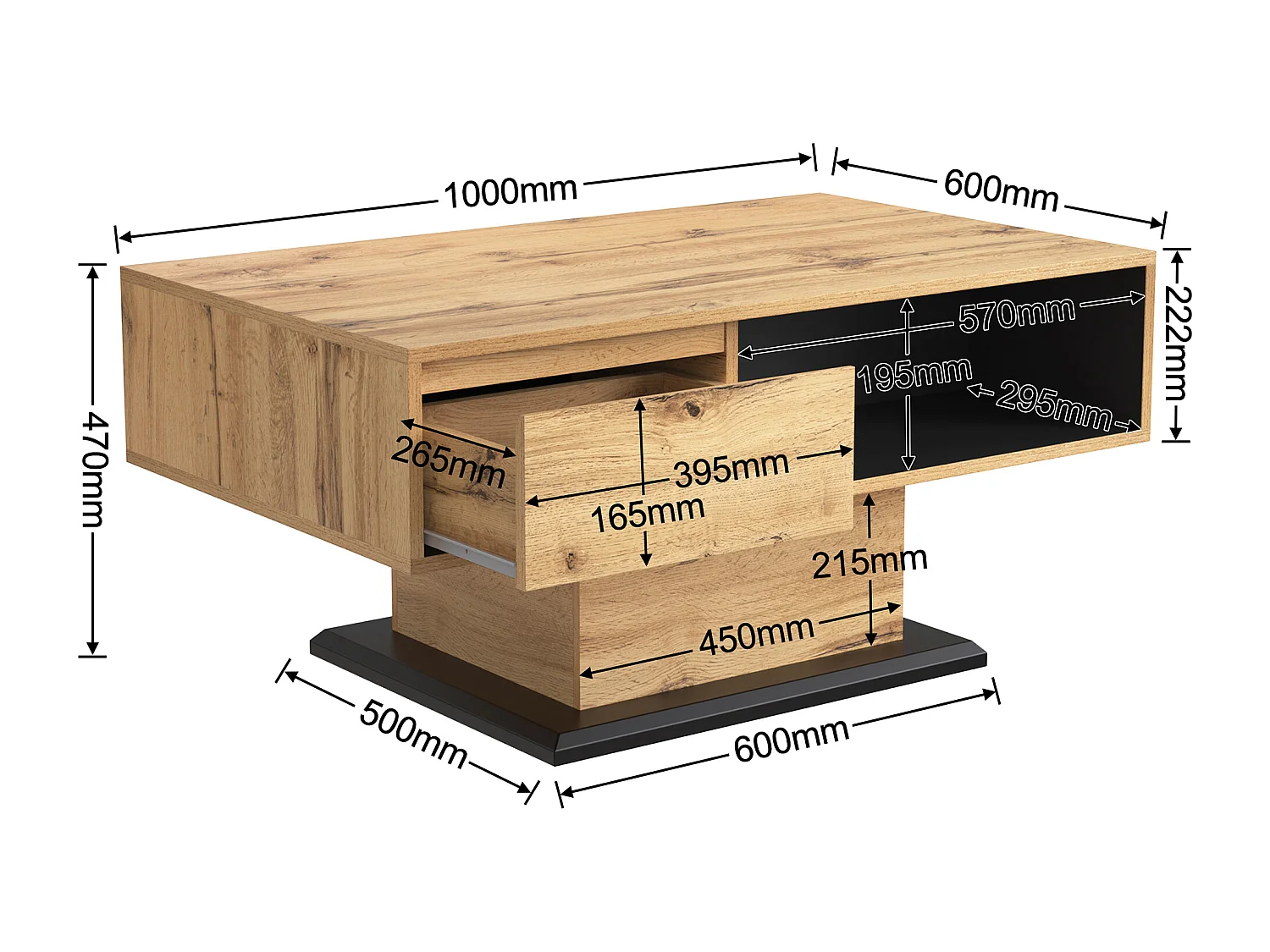 Table basse en bois veiné, avec tiroir sans poignée, compartiment de rangement et espace de stockage double face (100x60x47 cm)