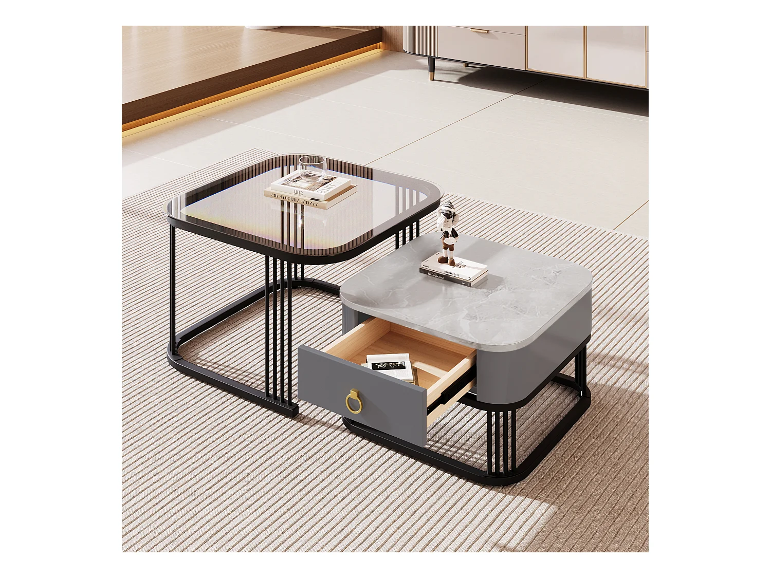 Table basse empilable 2 pièces, design moderne, MDF, noir et gris, avec plateaux en verre (60 x 60 x 42 cm & 50 x 50 x 34 cm)